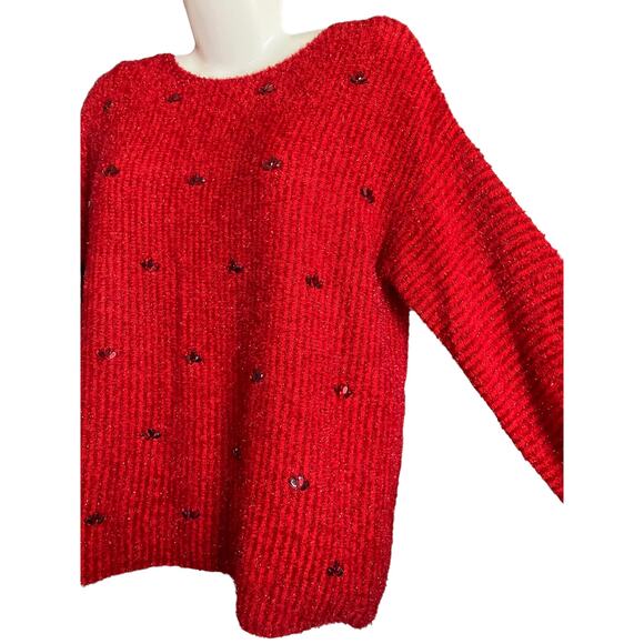 Ruby Rd. Women's Red Rhinestone Metallic 3/4 Sleeves Pullover Sweater | Size L - Picture 3 of 8